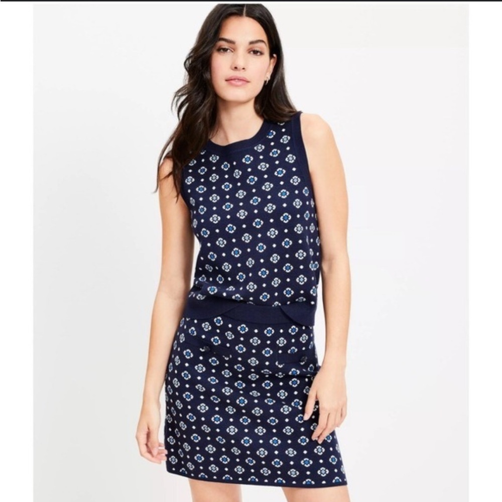 LOFT Navy & White Jacquard Floral Sweater Tank & Mini Skirt Matching Set - Picture 2 of 9
